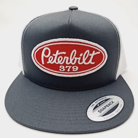 Peterbilt 379 Embroidered Patch Flat Bill Mesh Snapback Trucker Cap Hat - Picture 2 of 4
